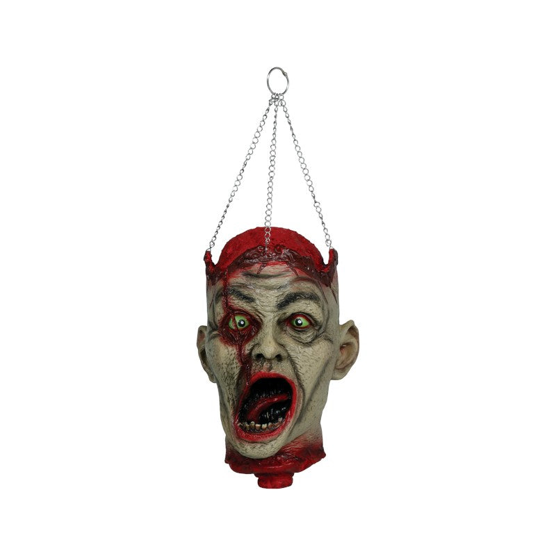 Testa horror decorativa di Halloween con catena: decorazione da appendere con occhi verdi e cranio cucito per feste e case infestate. Su Viano Shop!