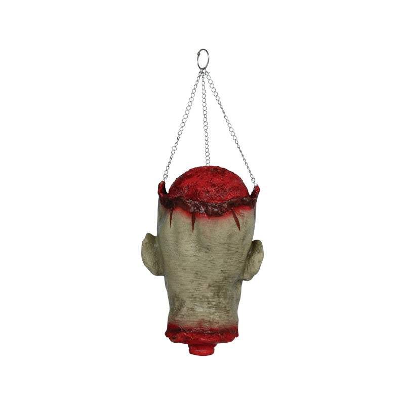 Testa horror decorativa di Halloween con catena: decorazione da appendere con occhi verdi e cranio cucito per feste e case infestate. Su Viano Shop!