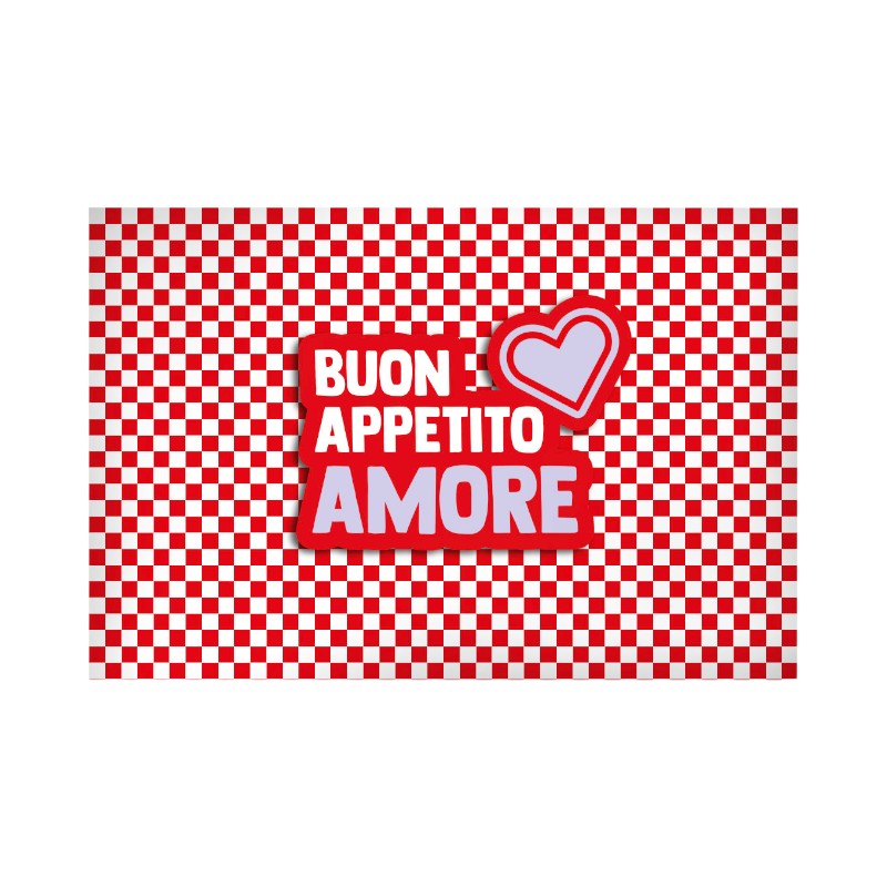 Bellissima tovaglietta a quadretti tema San valentino con la scritta "Buon Appetito Amore"