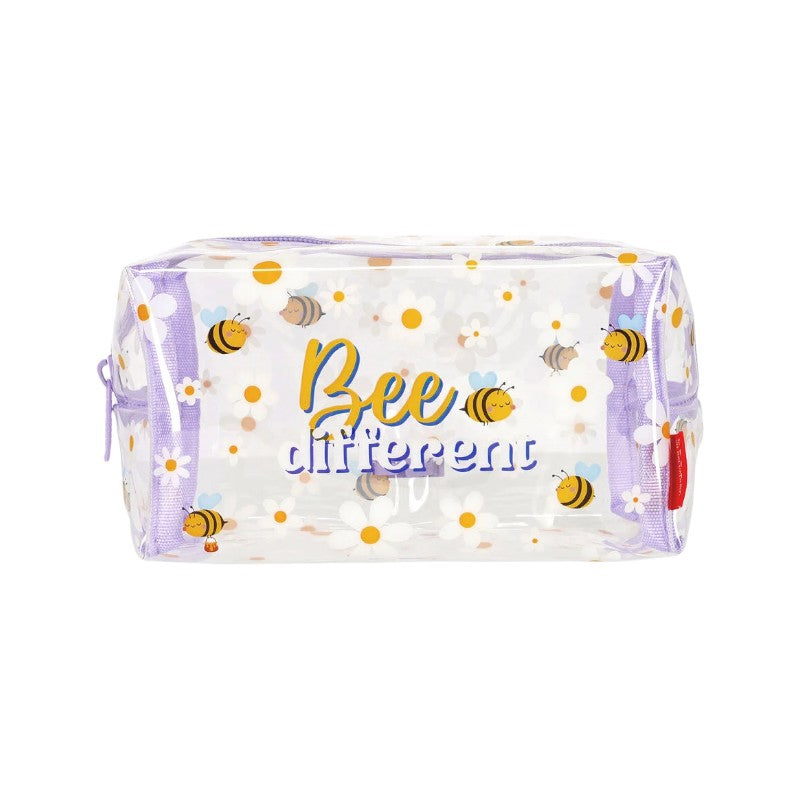 Trousse beauty case Legami Bee Different in PVC trasparente con api e margherite, bordo lilla. Organizza i trucchi con stile! Scoprila ora