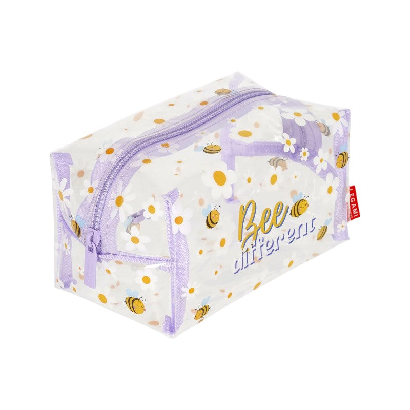Trousse beauty case Legami Bee Different in PVC trasparente con api e margherite, bordo lilla. Organizza i trucchi con stile! Scoprila ora