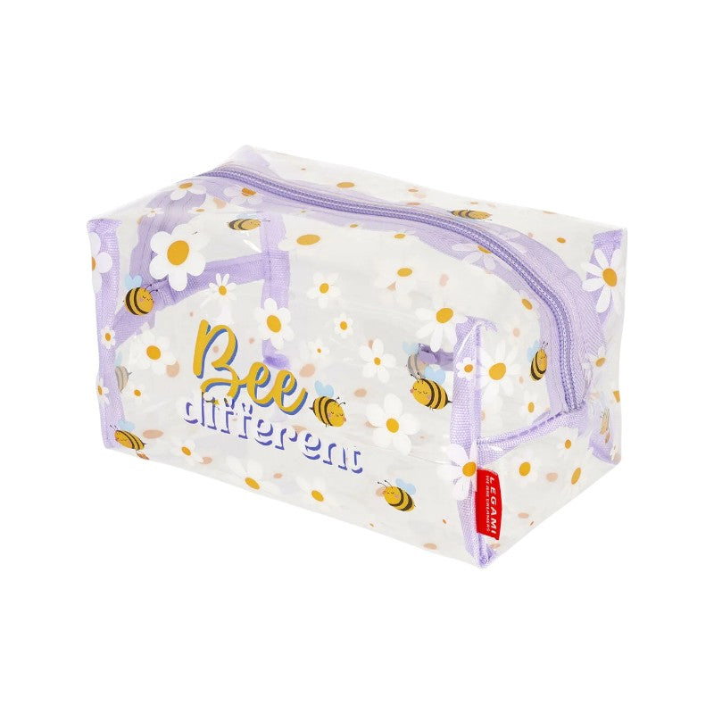 Trousse beauty case Legami Bee Different in PVC trasparente con api e margherite, bordo lilla. Organizza i trucchi con stile! Scoprila ora