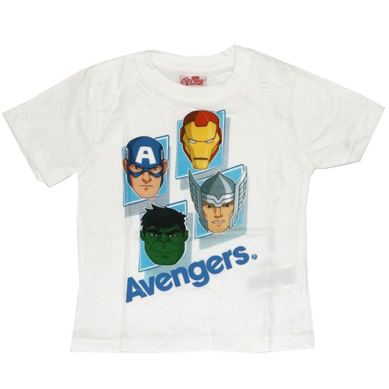 t-shirt per bambini grigia con disegnati i volti dei 4 avengers.