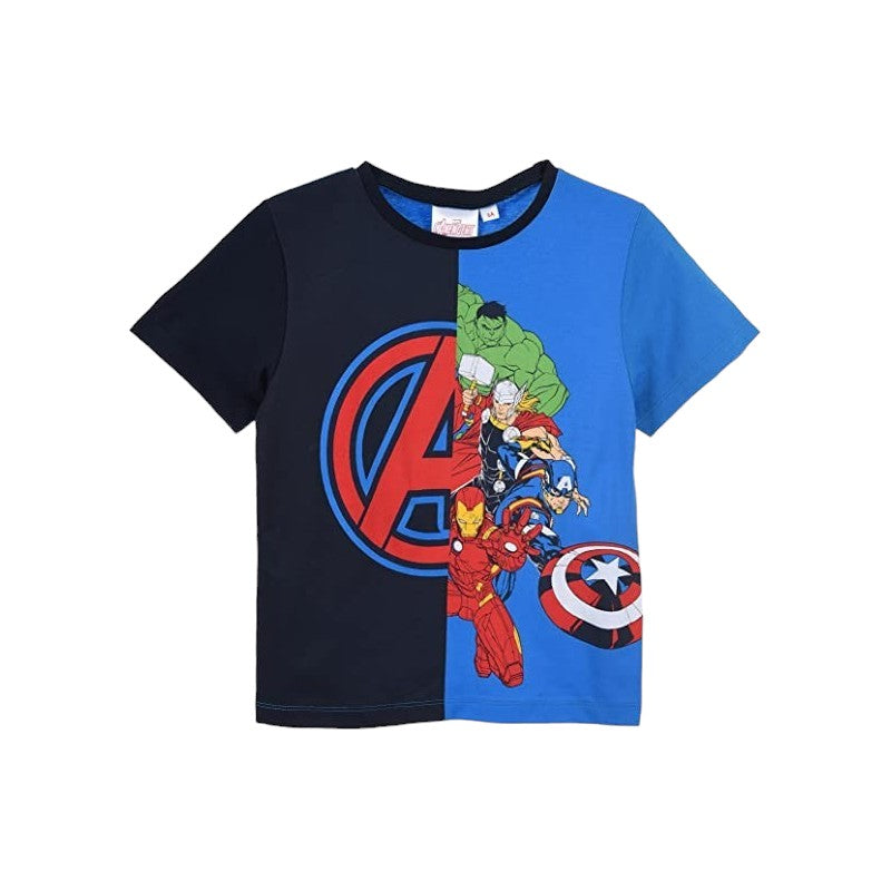 T-shirt per bambini metà blu e metà azzurra con disegni degli avengers