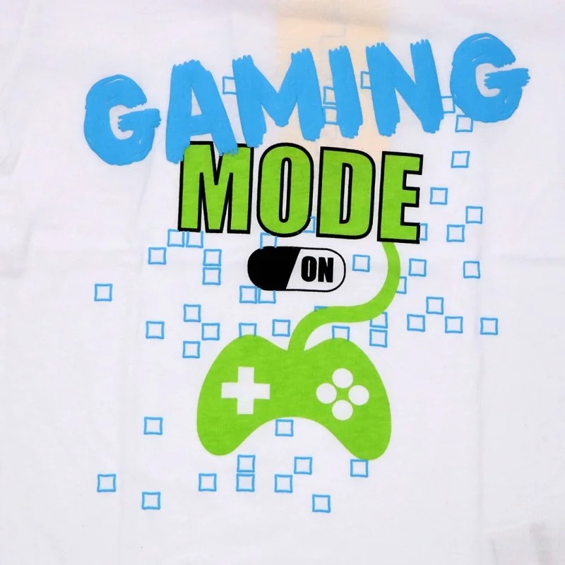 T-Shirt maglietta bambini e ragazzi tema gamer con scritta "Gaming mode: On" e disegno di un joystick