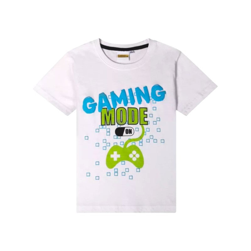 T-Shirt maglietta bambini e ragazzi tema gamer con scritta "Gaming mode: On" e disegno di un joystick