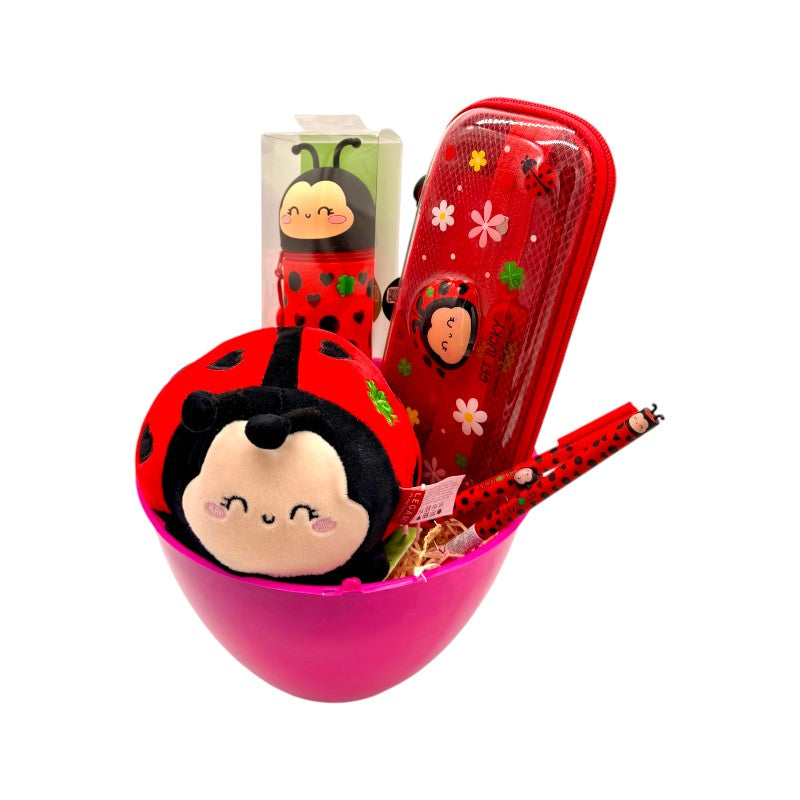 Uovo di pasqua pieno di prodotti legami tutti a tema coccinella