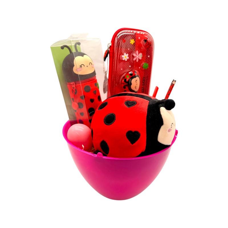 Uovo di pasqua pieno di prodotti legami tutti a tema coccinella