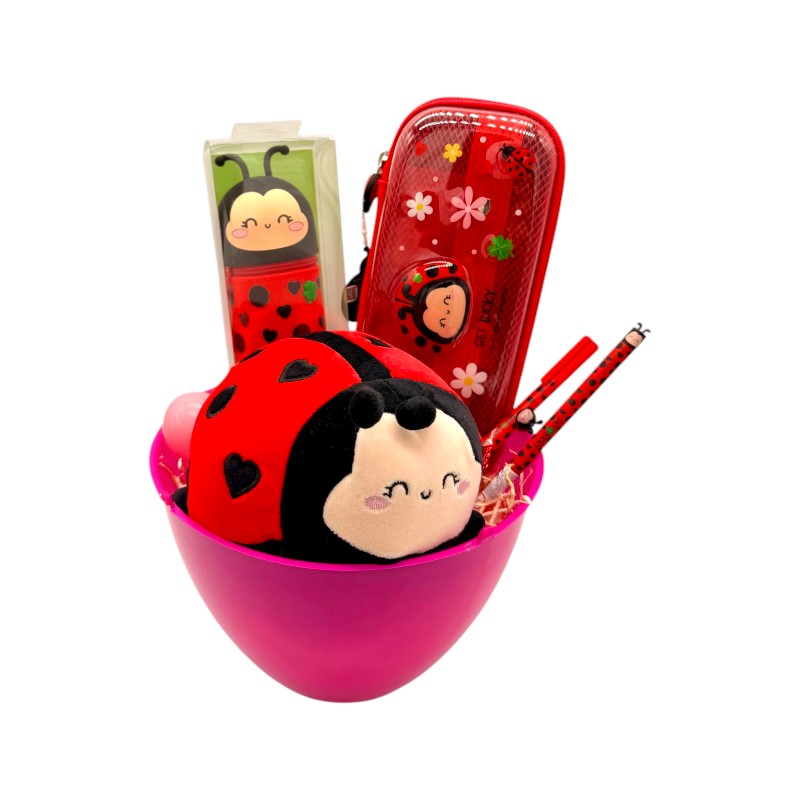 Uovo di pasqua pieno di prodotti legami tutti a tema coccinella