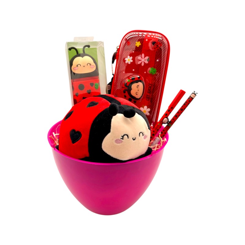 Uovo di pasqua pieno di prodotti legami tutti a tema coccinella