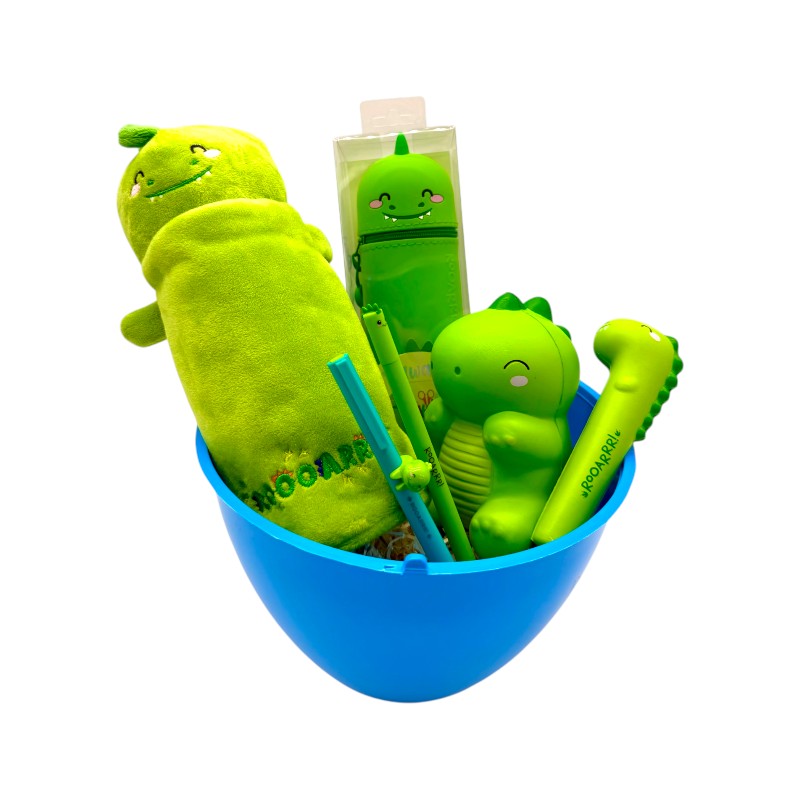 Uovo di pasqua pieno di prodotti legami tutti a tema dinosauro