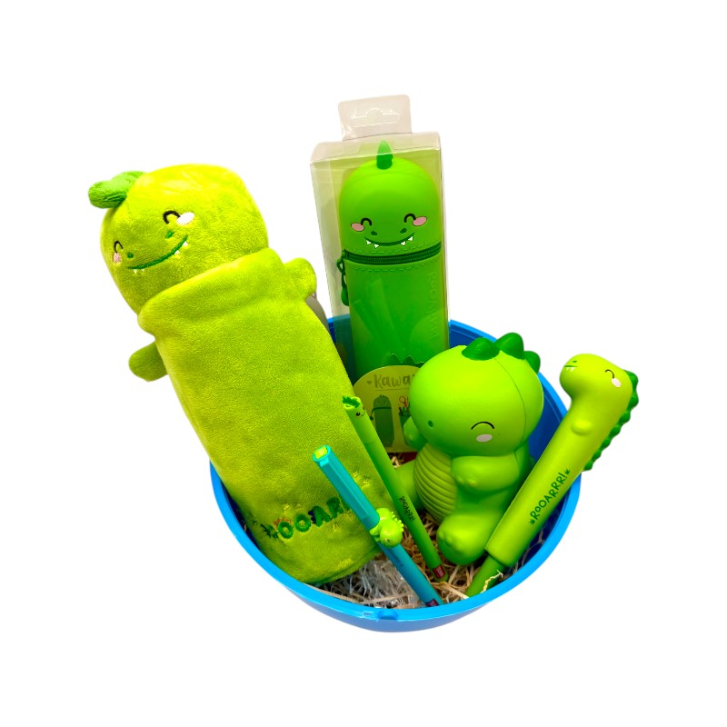 Uovo di pasqua pieno di prodotti legami tutti a tema dinosauro