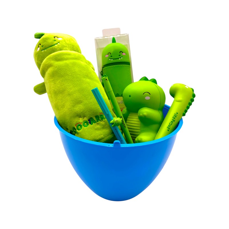 Uovo di pasqua pieno di prodotti legami tutti a tema dinosauro