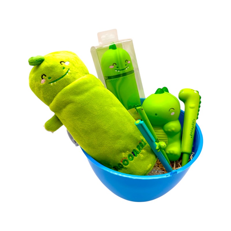 Uovo di pasqua pieno di prodotti legami tutti a tema dinosauro