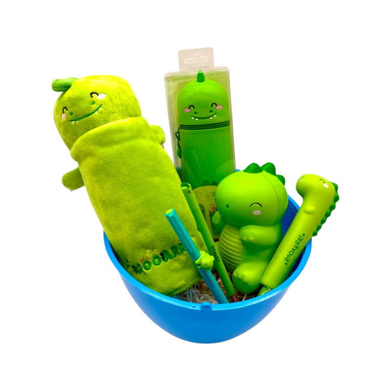 Uovo di pasqua pieno di prodotti legami tutti a tema dinosauro