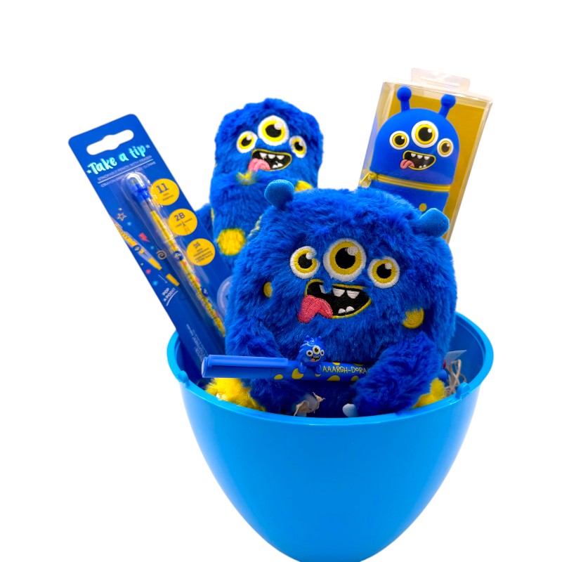 Uovo di pasqua pieno di prodotti legami tutti a tema Mostriciattolo