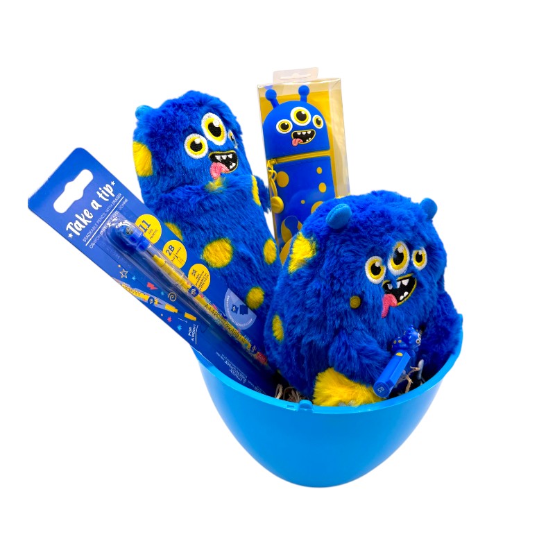 Uovo di pasqua pieno di prodotti legami tutti a tema Mostriciattolo