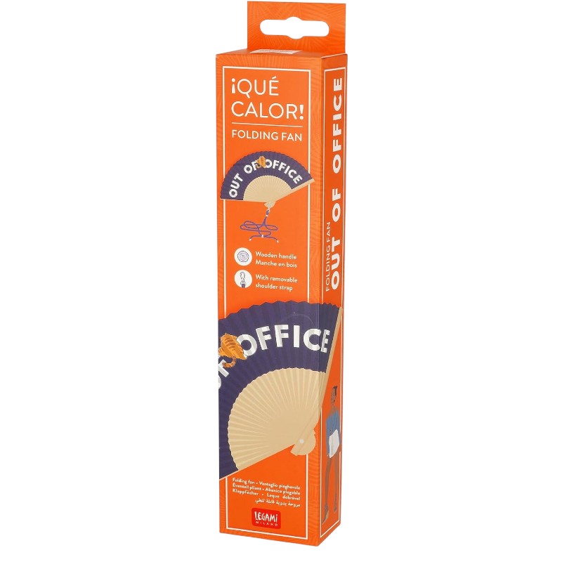 Ventaglio Legami Out of Office 23cm: tessuto 100% poliestere, stecche in legno, cordino blu navy abbinato. Design bold estivo. Fresco e irriverente ovunque!
