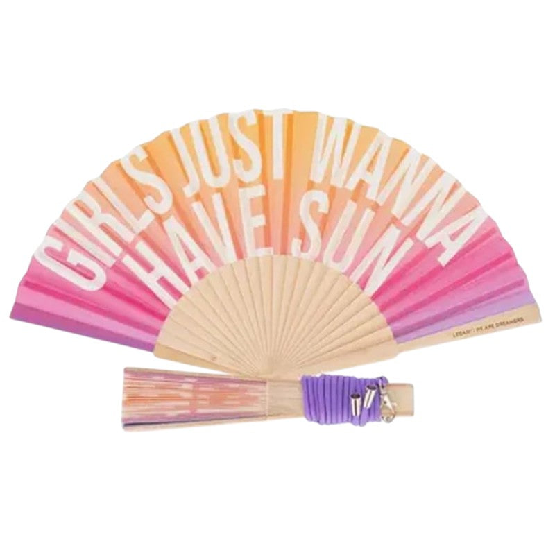 Ventaglio Legami Girls Just Wanna Have Sun 23cm: degradé sunset arancione-fucsia-lilla, stecche legno, cordino lilla. Il ventaglio estivo più girl-power!
