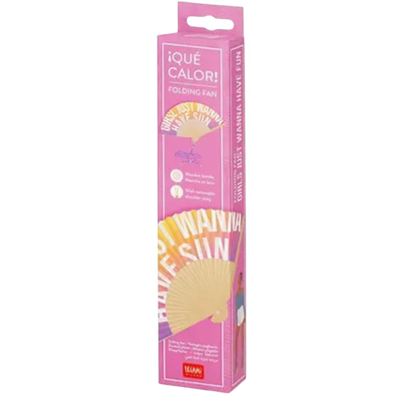 Ventaglio Legami Girls Just Wanna Have Sun 23cm: degradé sunset arancione-fucsia-lilla, stecche legno, cordino lilla. Il ventaglio estivo più girl-power!
