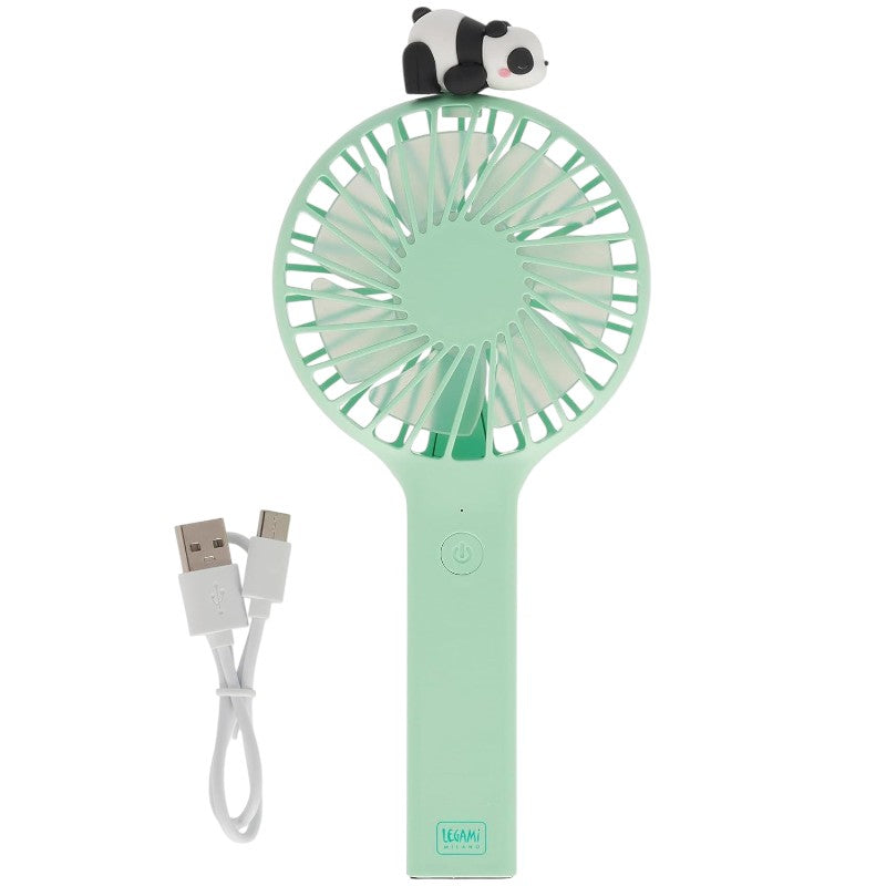 Ventilatore portatile ricaricabile Legami Panda: 3 velocità, base scrivania, USB incluso, 2h autonomia. Design panda kawaii verde menta. Fresco e adorabile!
