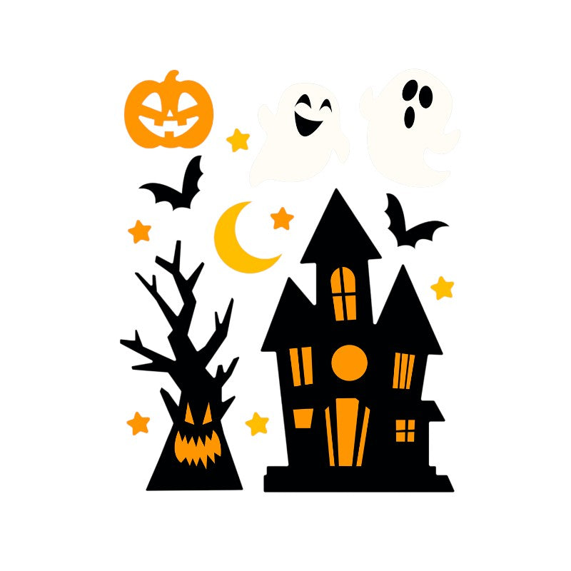 Vetrofania di Halloween per finestre: decorazioni con zucche, fantasmi, casa stregata e pipistrelli per vetri e vetrine. Su Viano Shop!