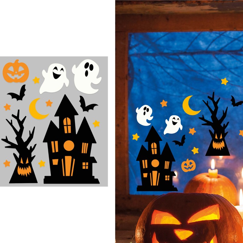 Vetrofania di Halloween per finestre: decorazioni con zucche, fantasmi, casa stregata e pipistrelli per vetri e vetrine. Su Viano Shop!
