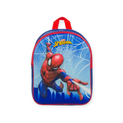 Bellissimo zainetto da asilo per bambini a tema Marvel. Sfondo azzurro con ragnatela e personaggio Spiderman in rilievo 3D