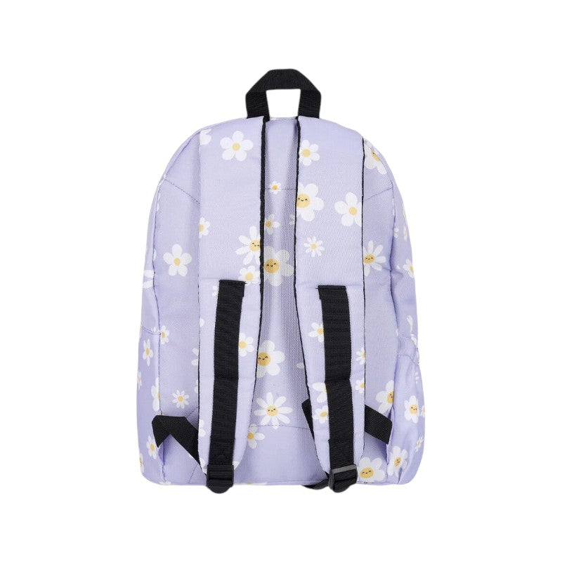 Zaino scolastico Legami Margherite lilla con fiori kawaii sorridenti e patch Oh Happy Daisy: tasca frontale e maniglia, ideale per la scuola. Su Viano Shop!