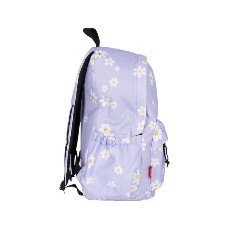Zaino scolastico Legami Margherite lilla con fiori kawaii sorridenti e patch Oh Happy Daisy: tasca frontale e maniglia, ideale per la scuola. Su Viano Shop!