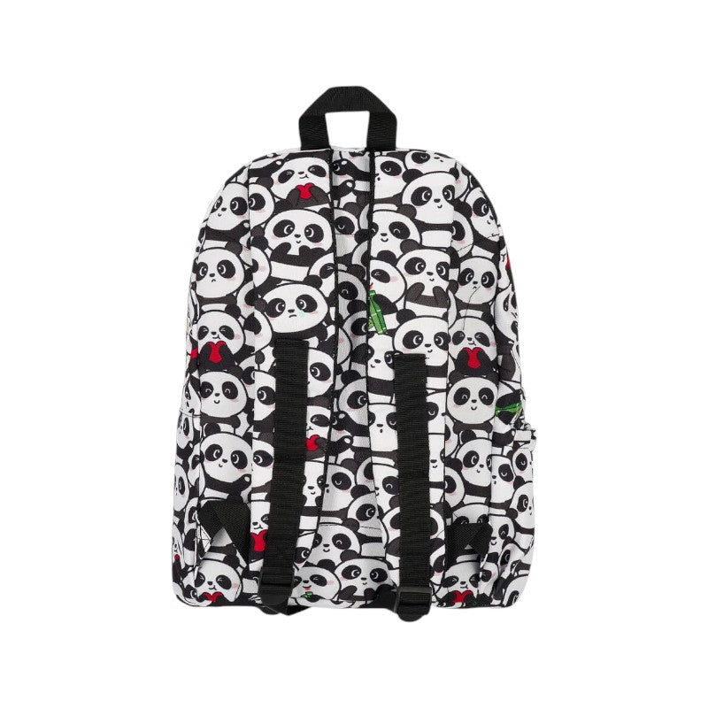 Zaino scolastico Legami Panda con fantasia kawaii e patch Do Less Panda More: tasca frontale e maniglia, perfetto per scuola e tempo libero. Su Viano Shop!