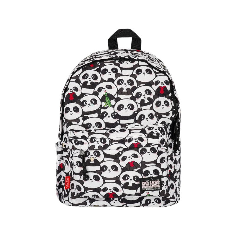 Zaino scolastico Legami Panda con fantasia kawaii e patch Do Less Panda More: tasca frontale e maniglia, perfetto per scuola e tempo libero. Su Viano Shop!