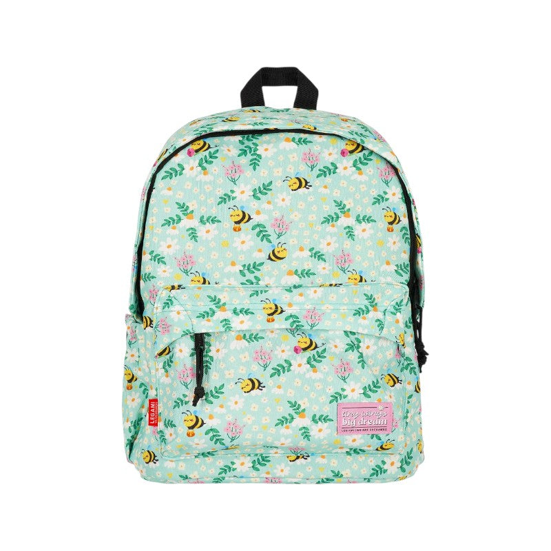Zaino scuola Legami tema ape Tiny Wings Big Dream: tessuto verde menta con margherite e apine, doppia zip. Scopri il backpack Legami! 