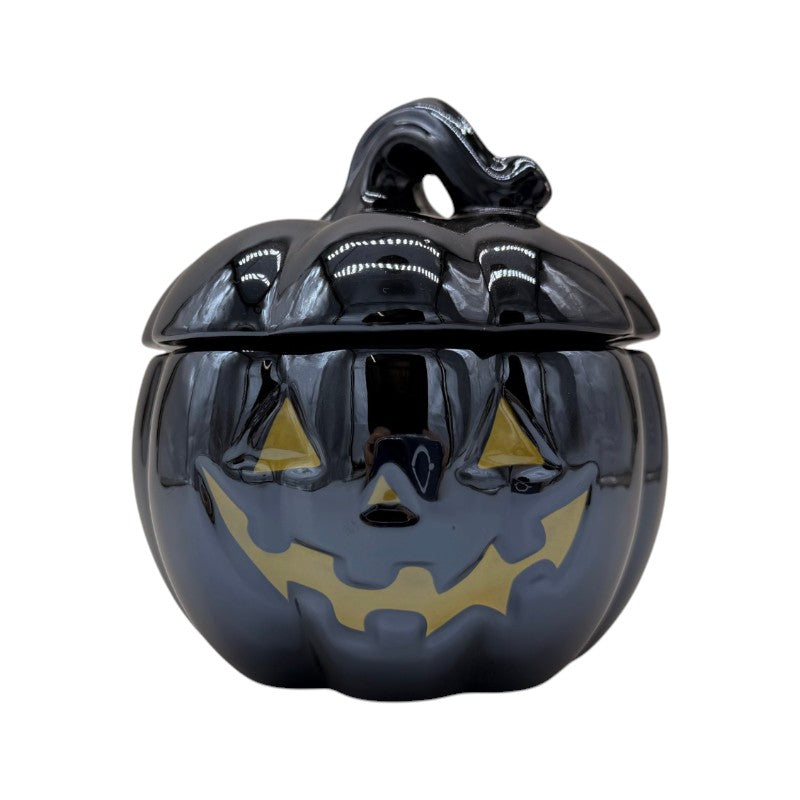Barattolo zucca di Halloween nero lucido con coperchio e viso dorato: contenitore portacaramelle elegante e decorativo. Su Viano Shop!