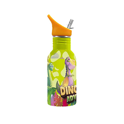 Fantastica borraccia in acciaio inossidabile per bambini con capienza 500ml. Questa borraccia dispone di una cannuccia per facilitare la bevuta. Design "Dino Adventure" colore verde.