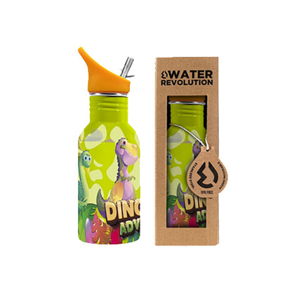 Fantastica borraccia in acciaio inossidabile per bambini con capienza 500ml. Questa borraccia dispone di una cannuccia per facilitare la bevuta. Design "Dino Adventure" colore verde.