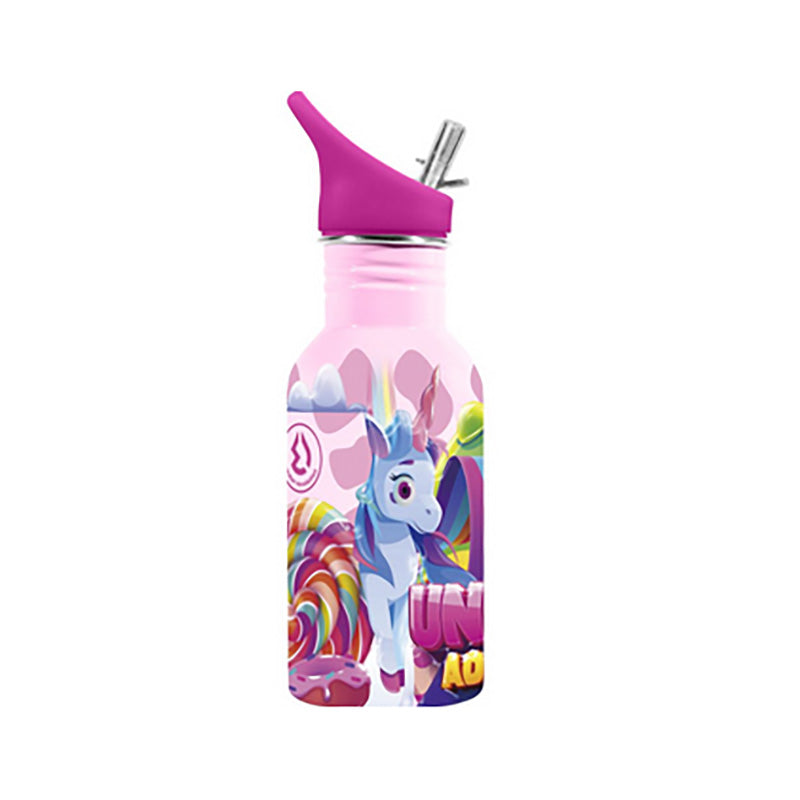 Fantastica borraccia in acciaio inossidabile per bambini con capienza 500ml. Questa borraccia dispone di una cannuccia per facilitare la bevuta. Design "Unicorn" rosa con disegni di unicorni divertenti.