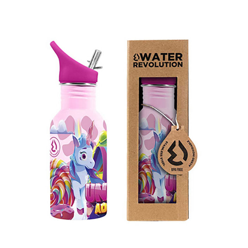 Fantastica borraccia in acciaio inossidabile per bambini con capienza 500ml. Questa borraccia dispone di una cannuccia per facilitare la bevuta. Design "Unicorn" rosa con disegni di unicorni divertenti.