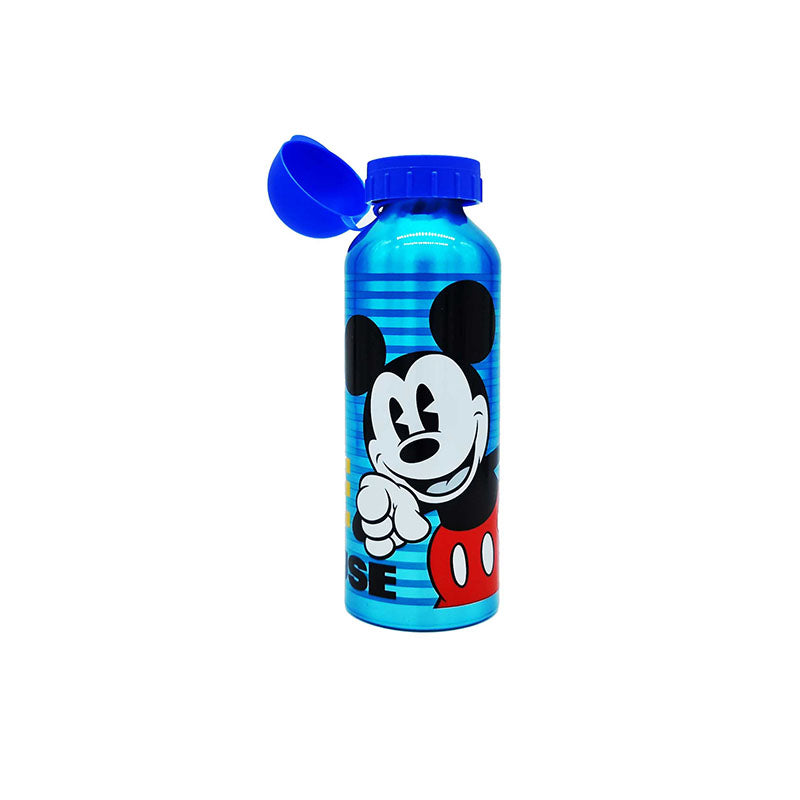 Fantastica borraccia in alluminio a tema Mickey Mouse. Borraccia blu ed azzurra con tappo blu e faccia di Topolino in primo piano. La borraccia è dotata del tappo con chiusura salva goccia