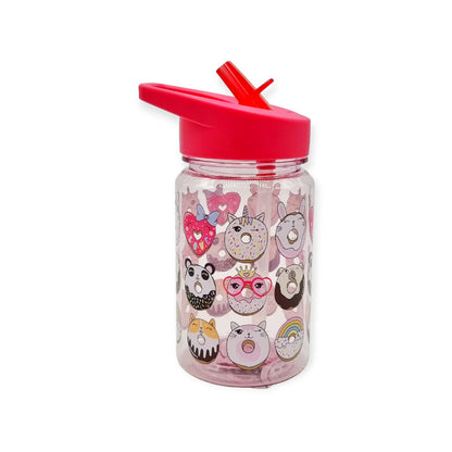 Fantastica borraccia per bambini in tritan, priva di ogni tipo di materiale dannoso, 0% plastica, Bpa Free e 100% riciclabile. La borraccia ha un design rosa-trasparente a tema "Ciambelle" con disegno di diversi tipi di ciambelle. E' dotata di un beccuccio che favorisce l'agevole apertura e chiusura.