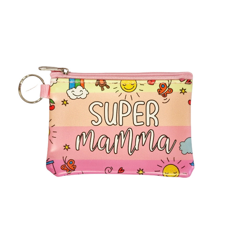 Fantastico portamonete in poliestere con cerniera ed anello per aggancio. Design rosa con scritto "Super Mamma". Ottima idea regalo per la festa della mamma.