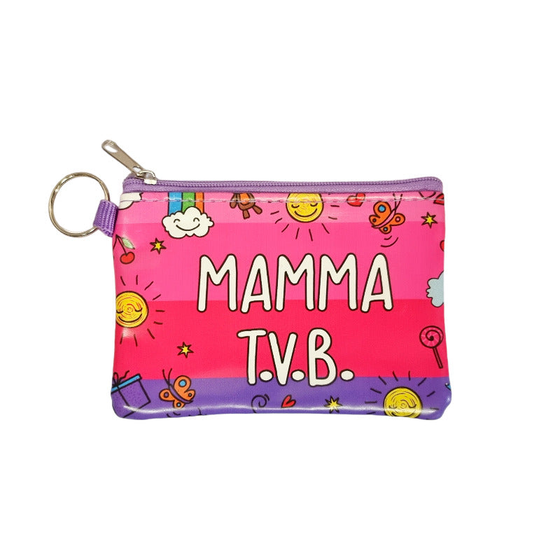 Fantastico portamonete in poliestere con cerniera ed anello per aggancio. Design viola con scritto "Mamma TVB". Ottima idea regalo per la festa della mamma.