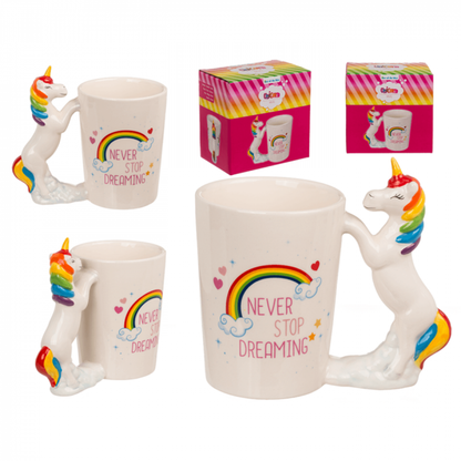 Tazza in ceramica di altissima qualità Unicorn "Never Stop Dreaming" arcobaleno con manico a forma di unicorno