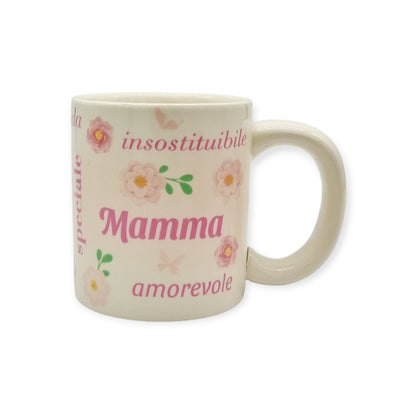 Fantastica tazza in ceramica bianca di altissima qualità. Design con margherite ed aggettivi dedicati alla mamma. Ottima idea regalo per la festa della mamma.