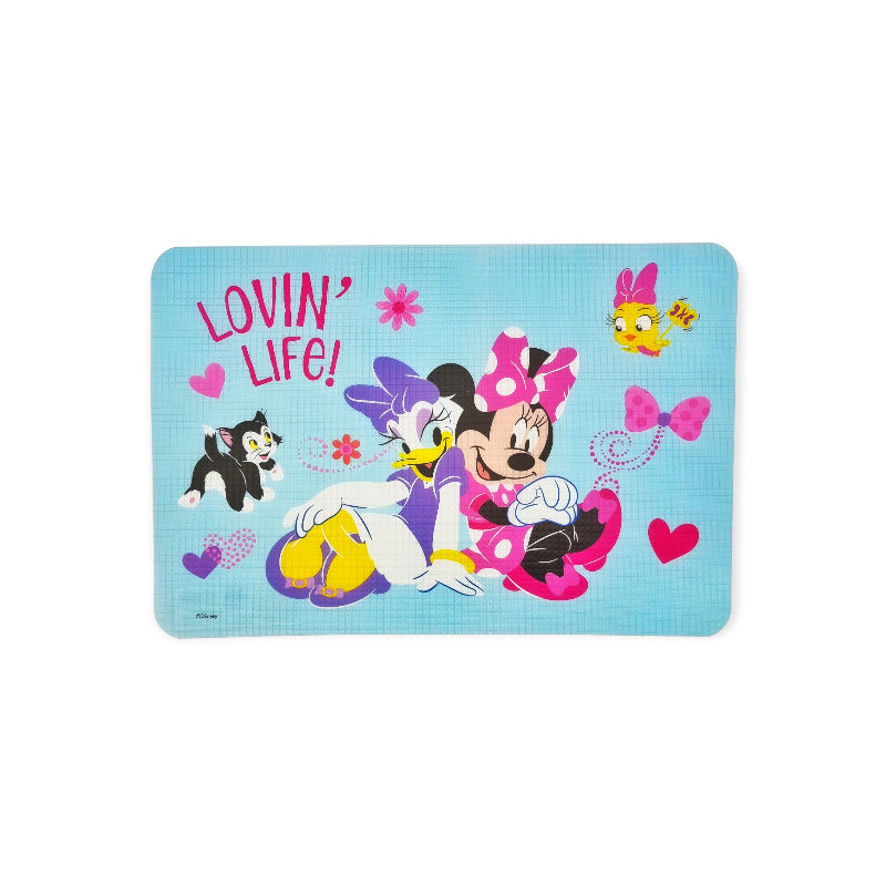 Fantastica tovaglietta in Pvc completamente antimacchia ed anti stiro. Design di colore azzurro con l'immagine di Minnie e Paperina e la scritta "Lovin'Life". Ottima per la colazione.