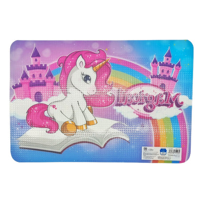 Fantastica tovaglietta in Pvc completamente antimacchia ed anti stiro. Design di colore rosa con l'immagine di un arcobaleno e di un'unicorno con la scritta "magical". Ottima per la colazione. Retro